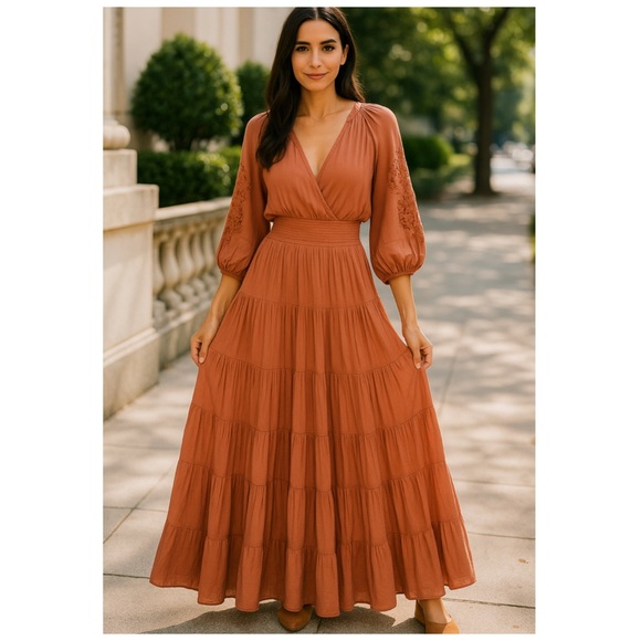 Elegant Terracotta Midi Dress with Balloon Sleeves - Picture 3 of 11